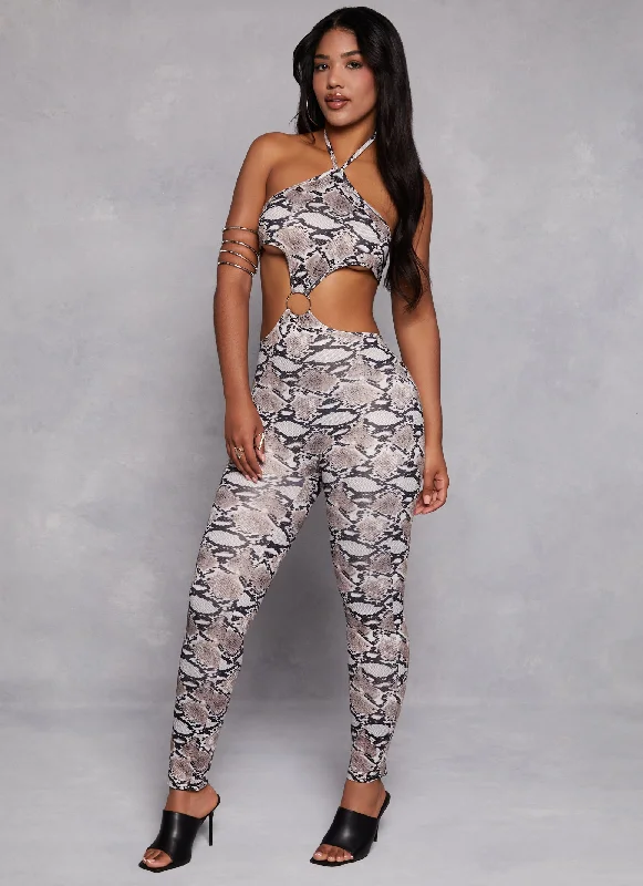 Wardrobe Upgrade Snake Print O Ring Cut Out Halter Jumpsuit