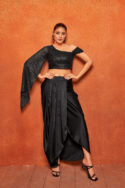 Chic Styles, Sharp Prices Jet Black Drape Skirt & Sequin Crop Top Co-ord Set