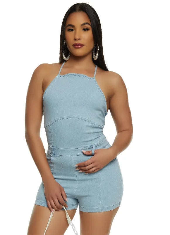 Effortless Chic Apparel Sleeveless Halter Denim Romper