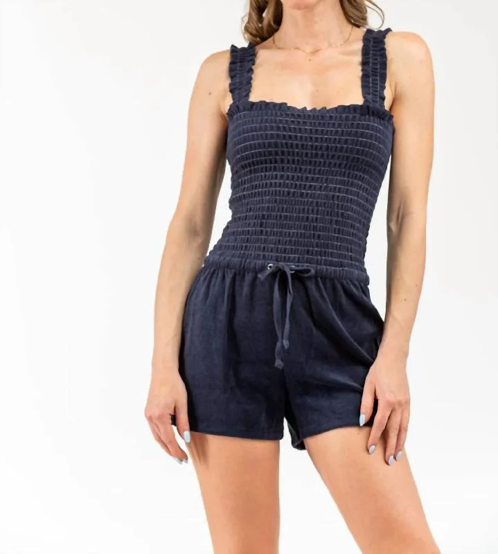 Stylish Statements Women's Micro Terry Regal Blue Smocked Romper