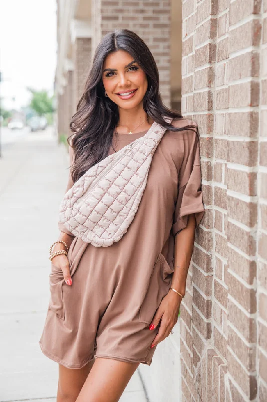 Comfort Centric Apparel On A Daily Basis Brown Deep V-Neck Pocketed Romper