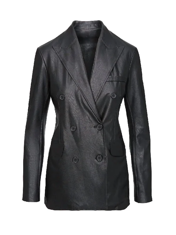 Casual Chic Clothing Faux Leather Double - Breasted Blazer Flt200 In Black