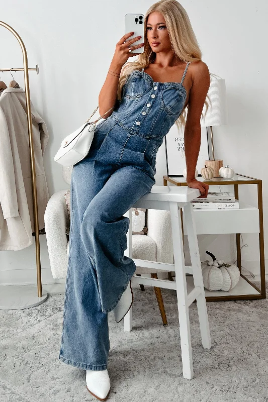 Chic Styles Savvy Style Denim Sweetheart Jumpsuit (Medium Wash)