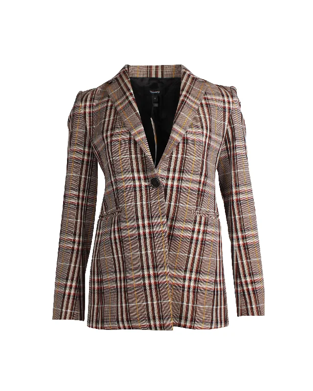 New In This Season Theory Power Bexley Plaid Blazer in Brown Wool