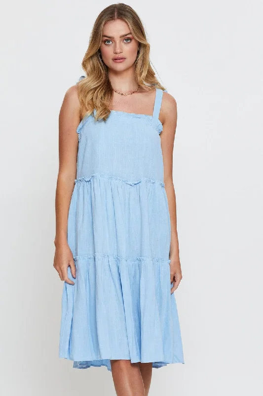 Huge Discounts This Week Blue Midi Dress Sleeveless Tie Shoulder