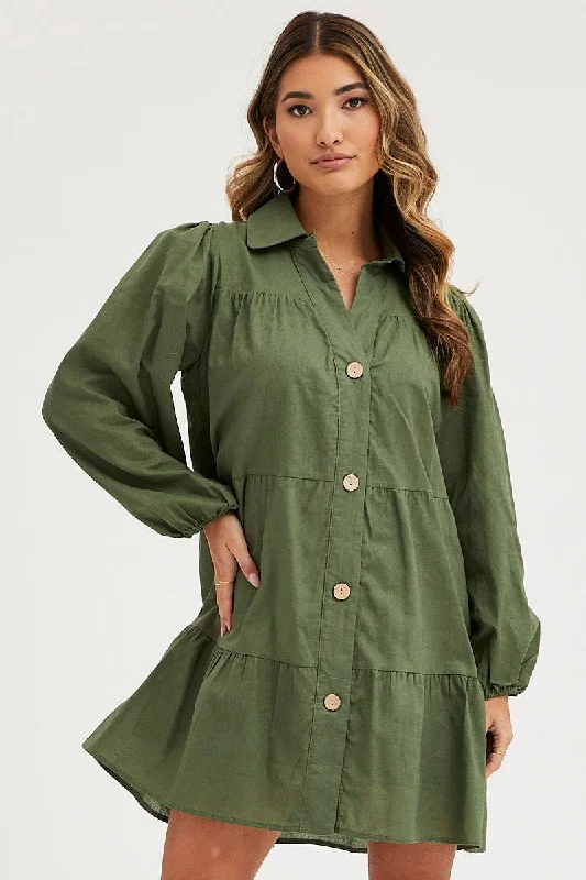 Unleash Your Trend Driven Style Green Tiered Dress Long Sleeve Mini