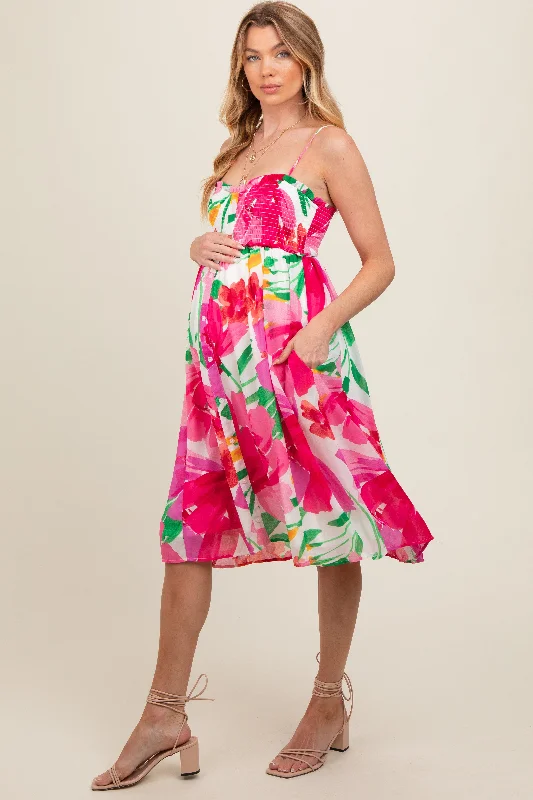 Big Savings On Minimalist Office Styles Pink Floral Smocked Chiffon Maternity Midi Dress