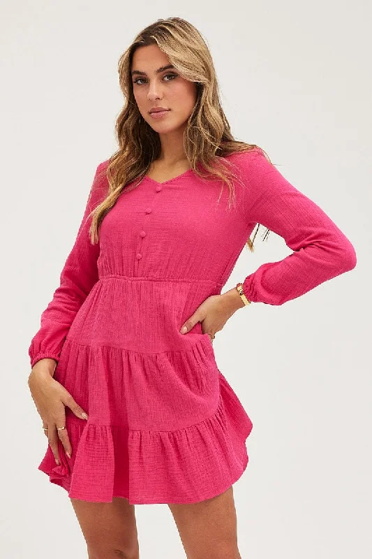 Casual Chic Clothing Pink Skater Dress Long Sleeve Mini